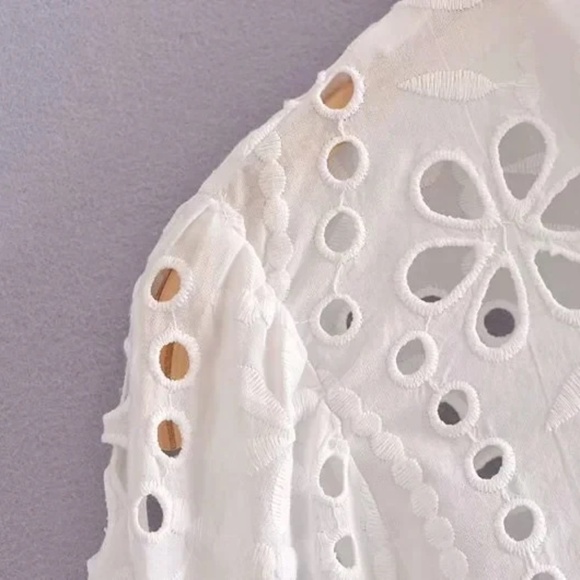 Boho White Eyelet Button Down Cropped Shirt - Picture 3 of 6